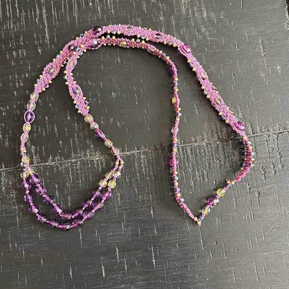 Purple Aurora Borealis Bead Beaded Crochet Handmade Necklace Boho Hippie Unique​